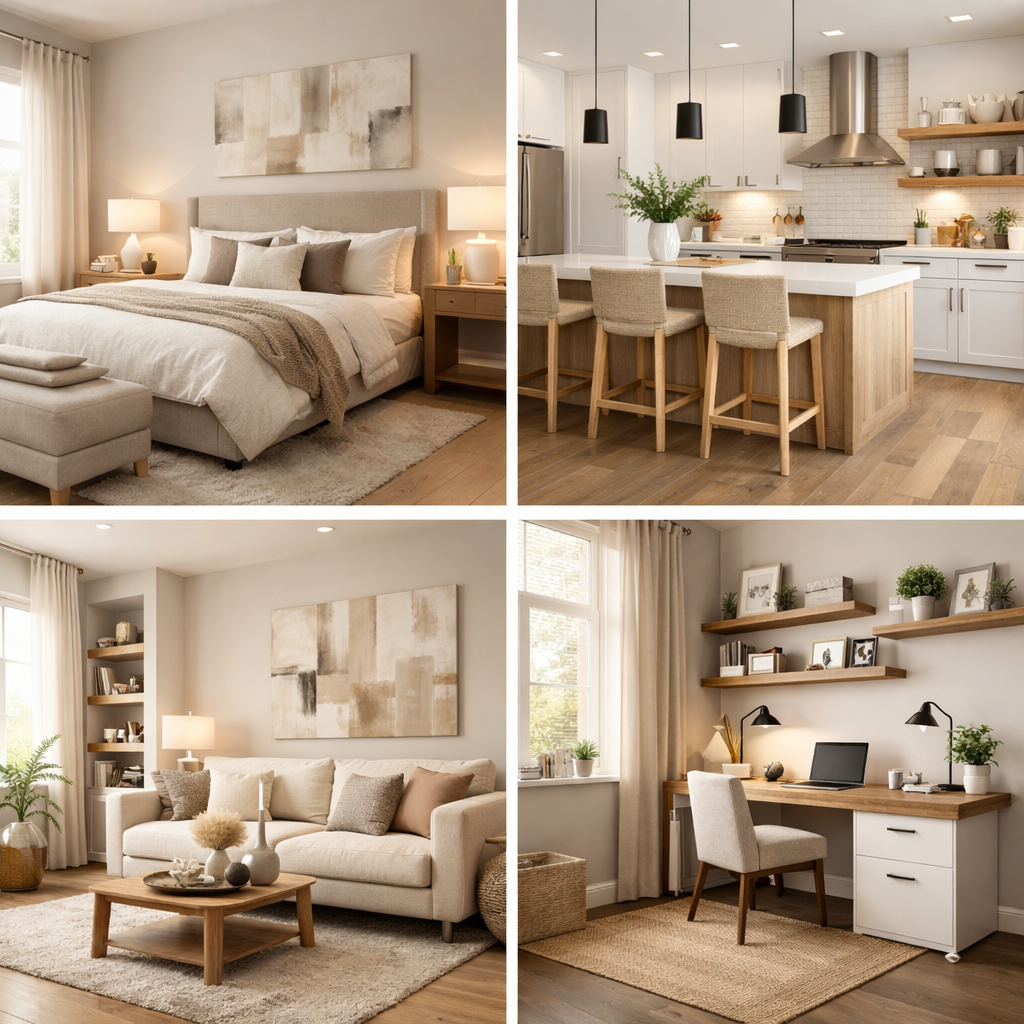 Collage of rooms including bedroom, kitchen, living room and office