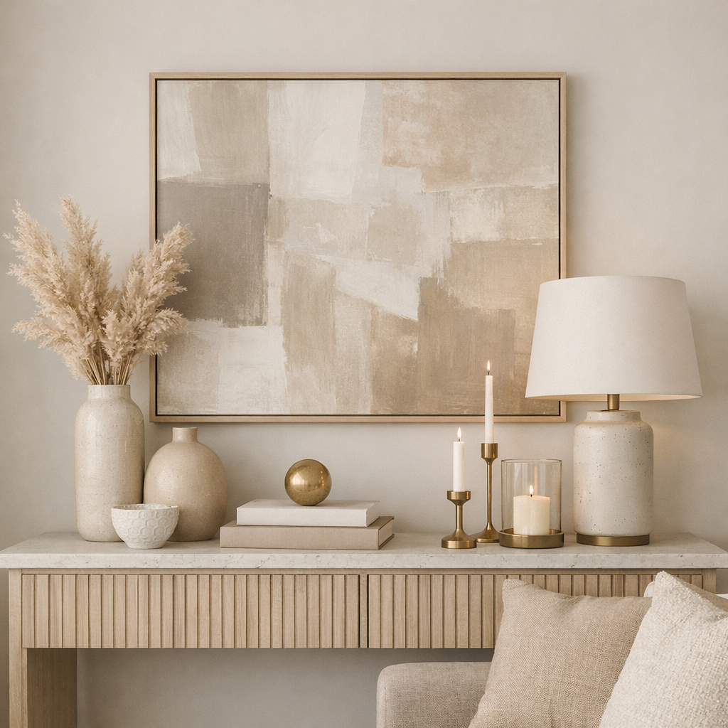 Decor vignette with a console table, vases, candles, lamp and modern abstract art in warm neutral colors